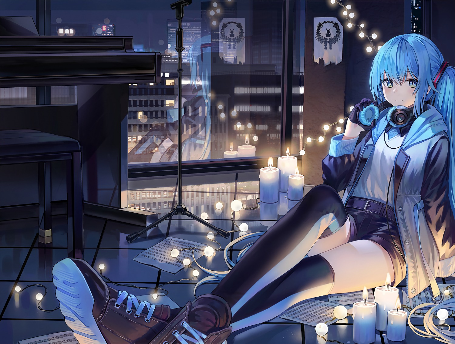 hatsune_miku headphones popuru thighhighs vocaloid