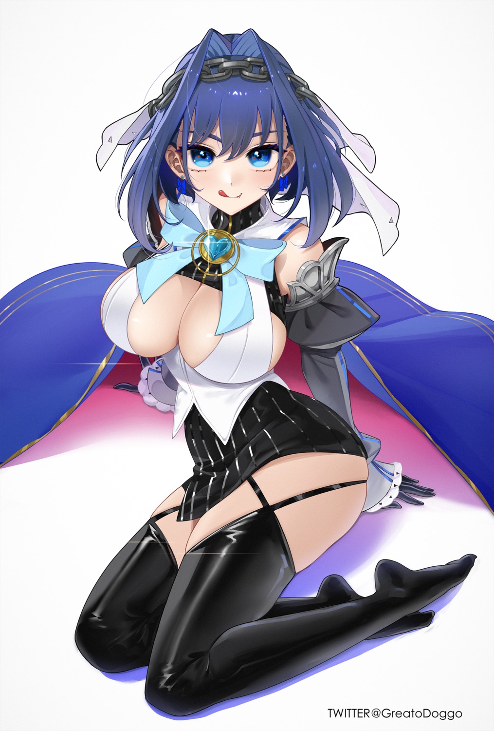 feet greatodoggo hololive hololive_english no_bra ouro_kronii skirt_lift stockings thighhighs