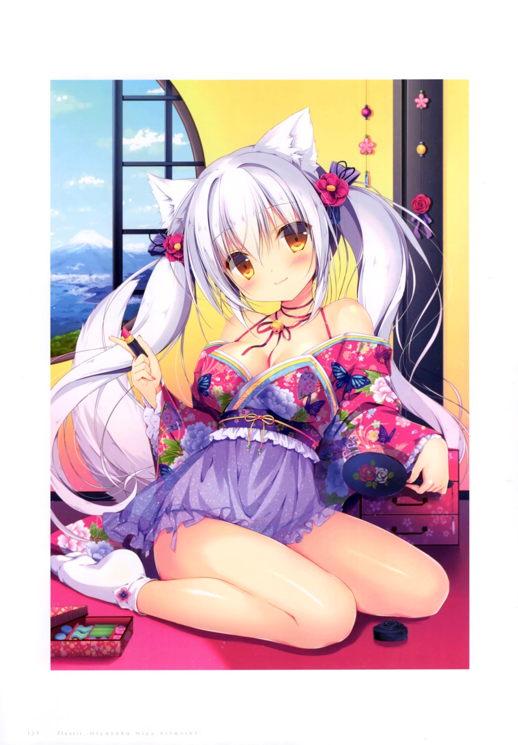 animal_ears canvas+garden cleavage japanese_clothes miyasaka_miyu nekomimi no_bra pantsu see_through string_panties tail