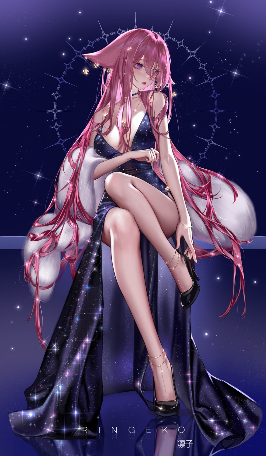 animal_ears dress genshin_impact heels kitsune no_bra ringeko-chan yae_miko