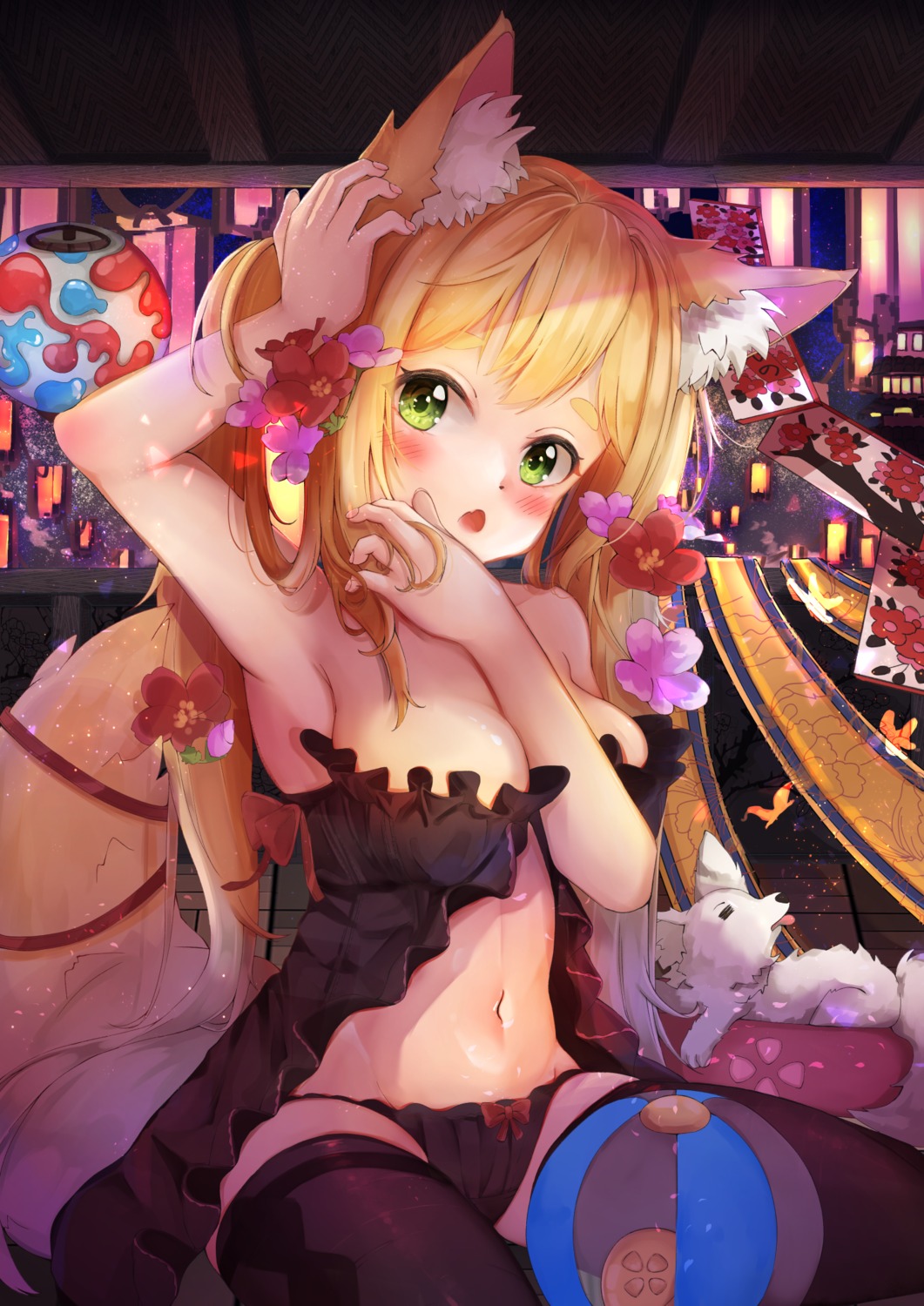 animal_ears kitsune lingerie minertime no_bra pantsu tail thighhighs