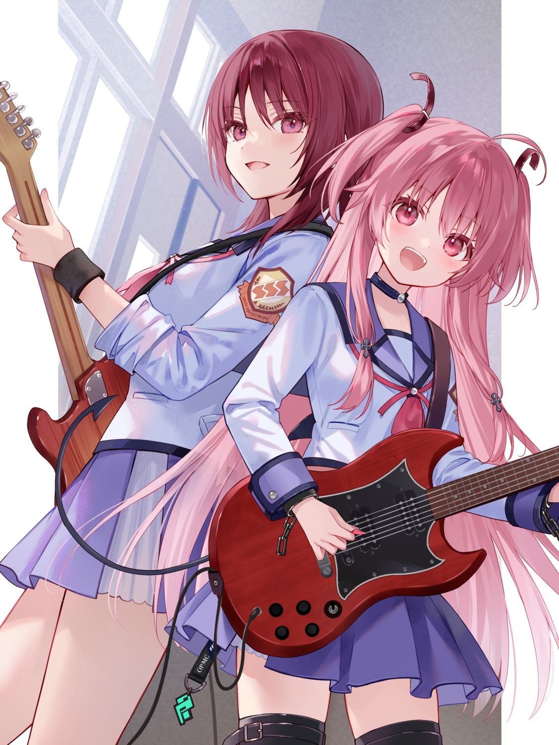 angel_beats! fukahire_sanba garter guitar iwasawa_masami seifuku tail thighhighs yoshioka_yui