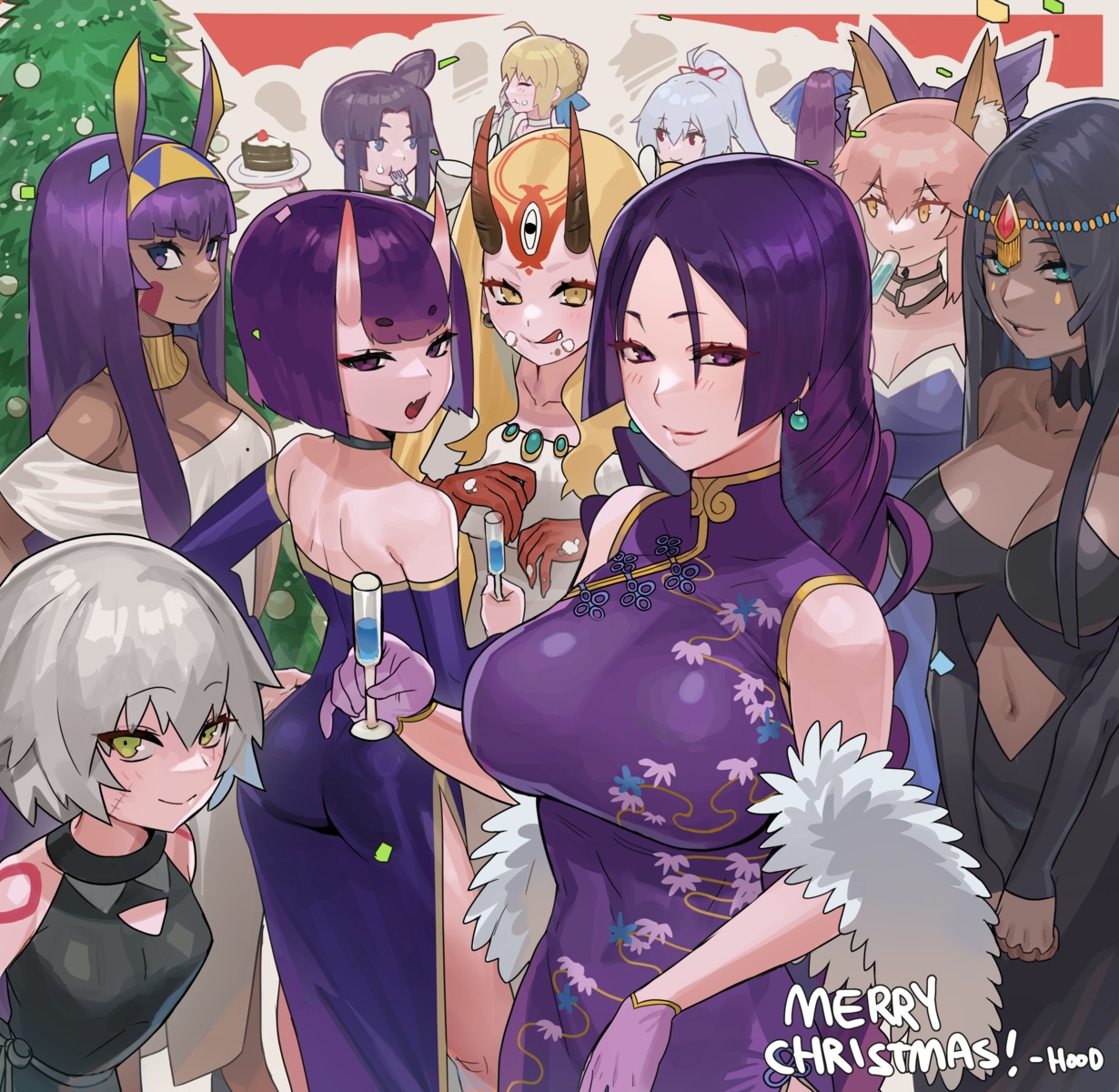 animal_ears ass bunny_ears chinadress christmas cleavage cream dress fate/apocrypha fate/extra fate/grand_order fate/stay_night hood_(james_x) horns ibaraki_douji_(fate/grand_order) jack_the_ripper minamoto_no_raikou_(fate/grand_order) nitocris_(fate/grand_order) saber scheherazade_(fate/grand_order) shuten_douji_(fate/grand_order) tamamo_no_mae tattoo ushiwakamaru_(fate/grand_order)