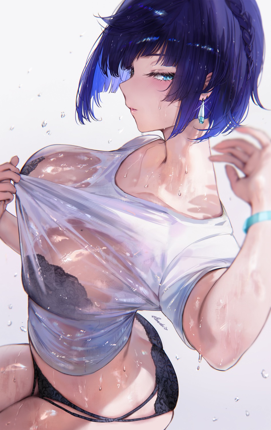 bra genshin_impact pantsu qiandaiyiyu see_through thong wet wet_clothes yelan