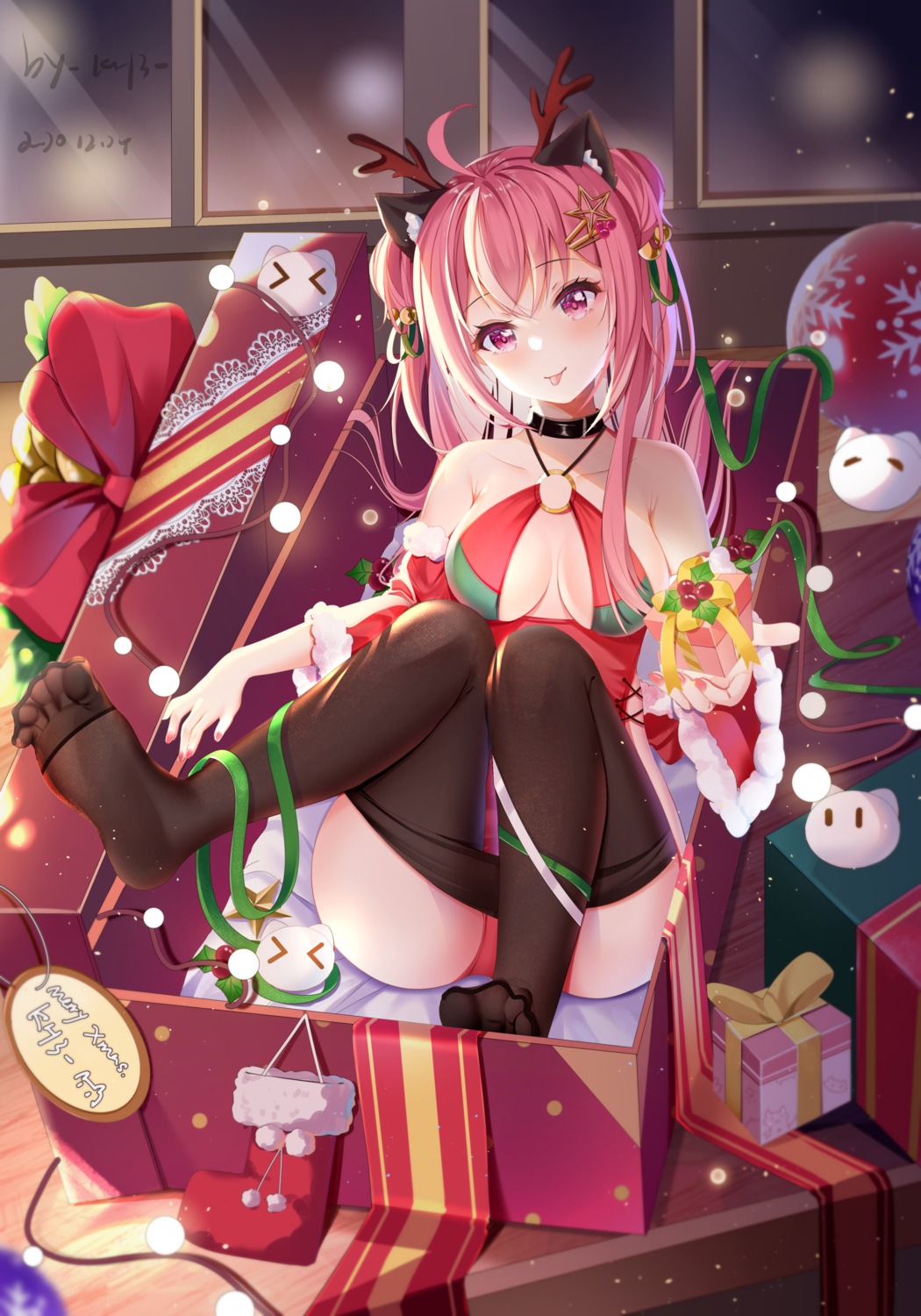 animal_ears christmas feet horns leotard miaogujun nekomimi no_bra pantyhose