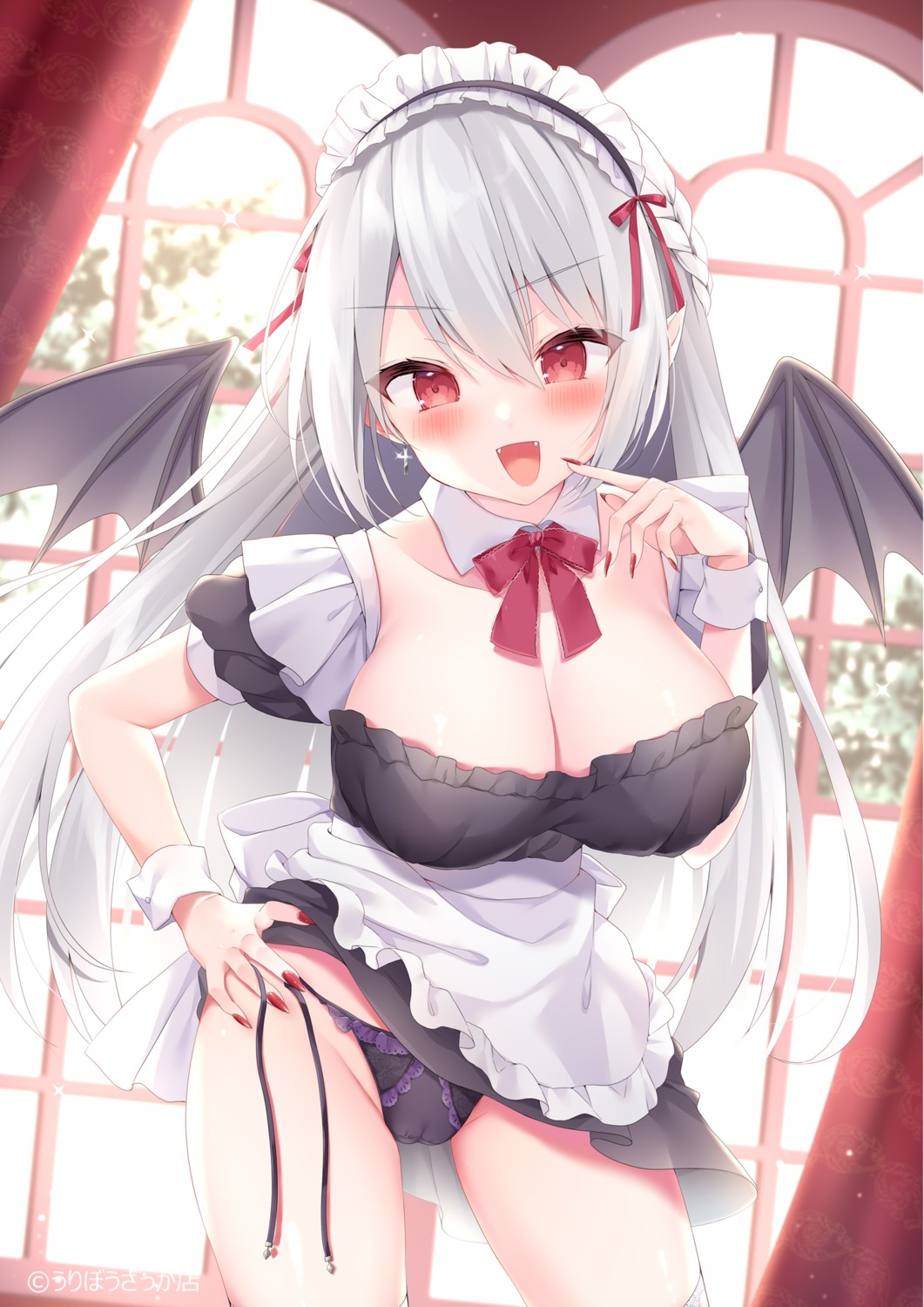 cameltoe maid momochi_chia no_bra pantsu panty_pull skirt_lift string_panties undressing wings