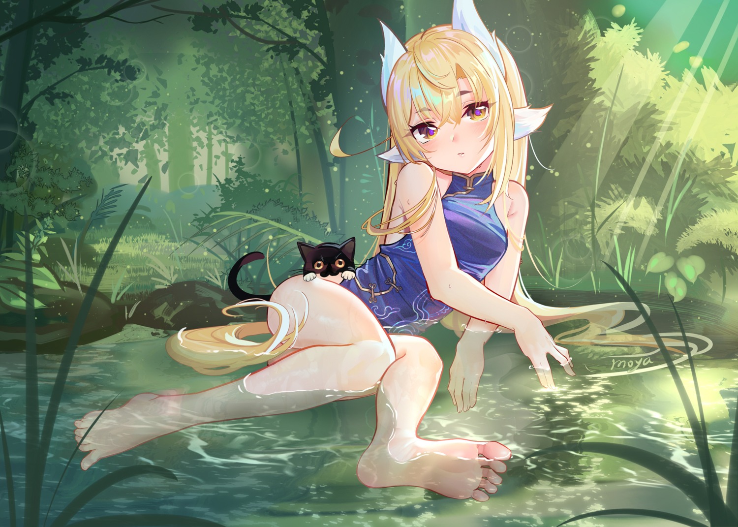 animal_ears asian_clothes feet loli moya_(pixiv6121219) neko wet