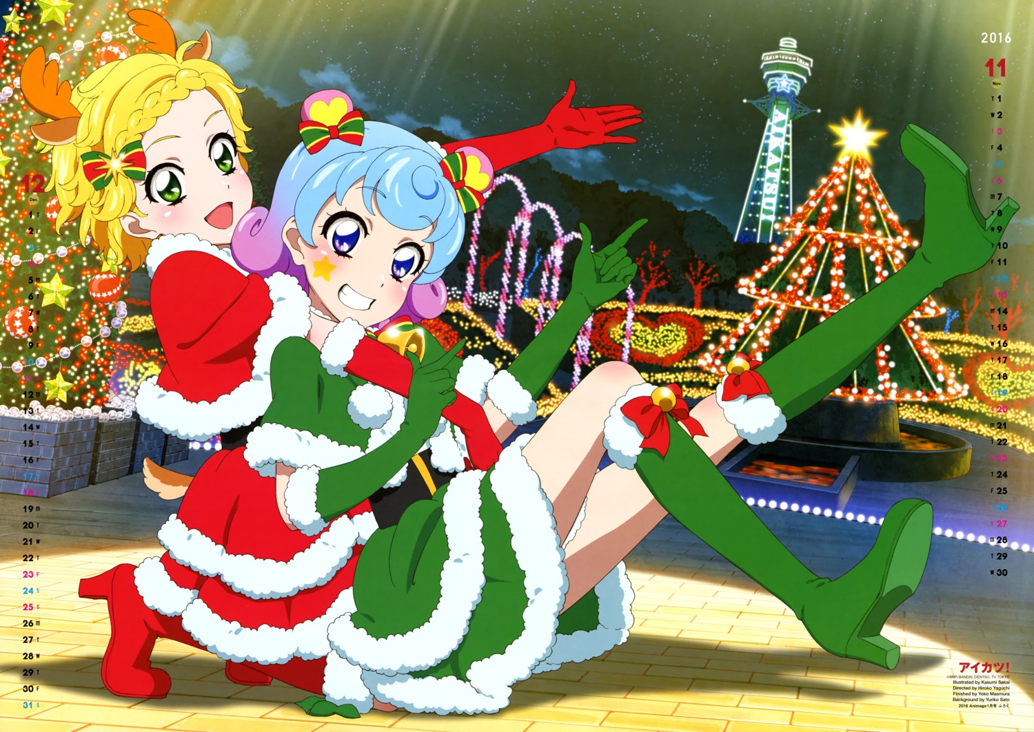 aikatsu! animal_ears calendar christmas doujima_nina dress heels horns sakai_kasumi shinjou_hinaki tail