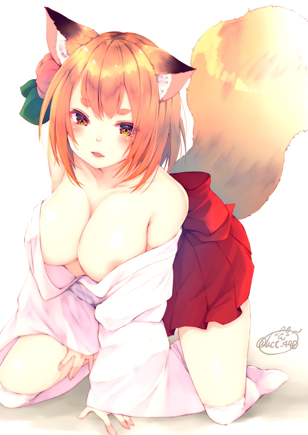 animal_ears areola chita_(ketchup) kitsune no_bra open_shirt tail thighhighs