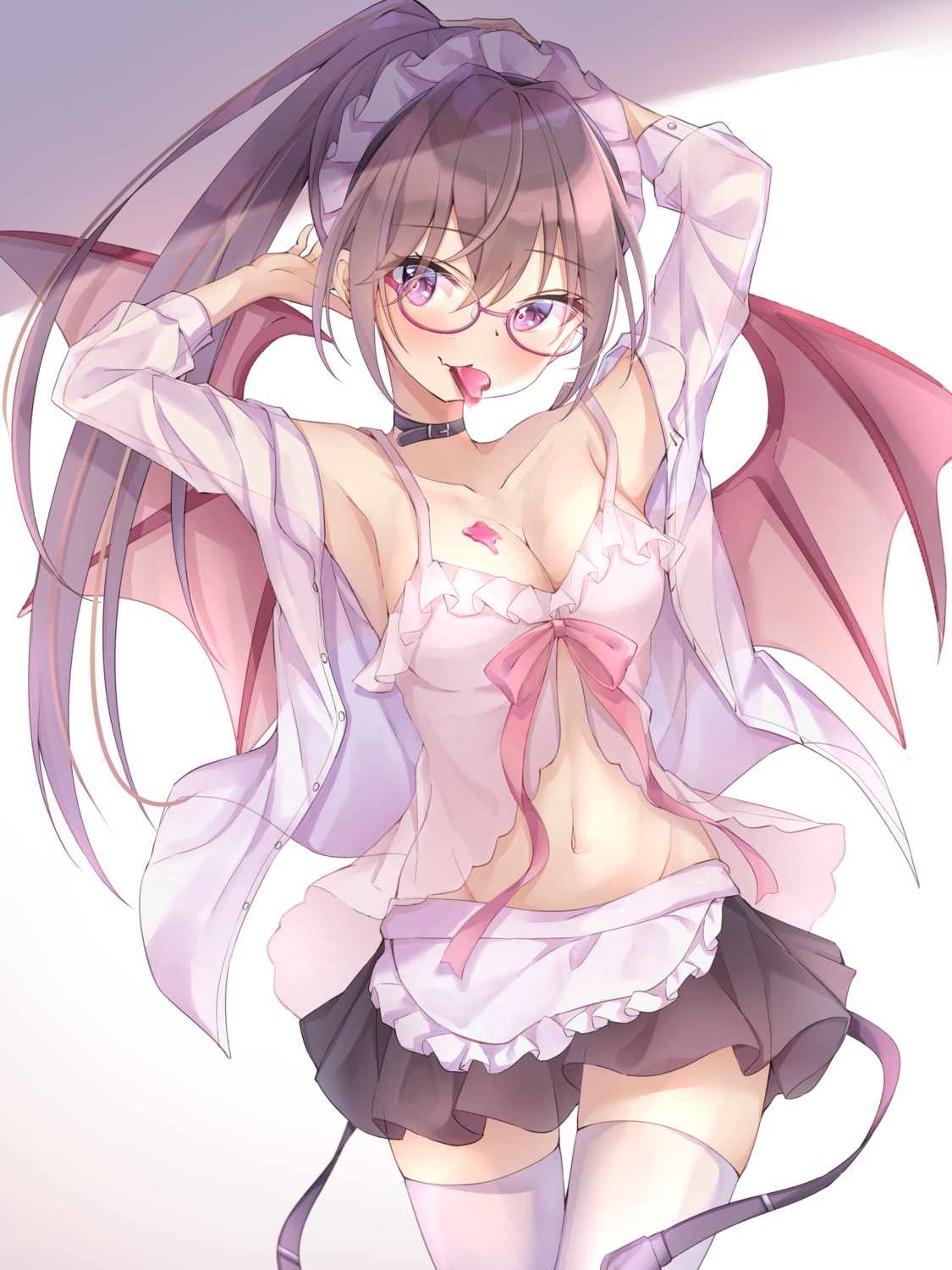 cleavage lingerie maid megane poe_(528yuzunon) see_through thighhighs wings