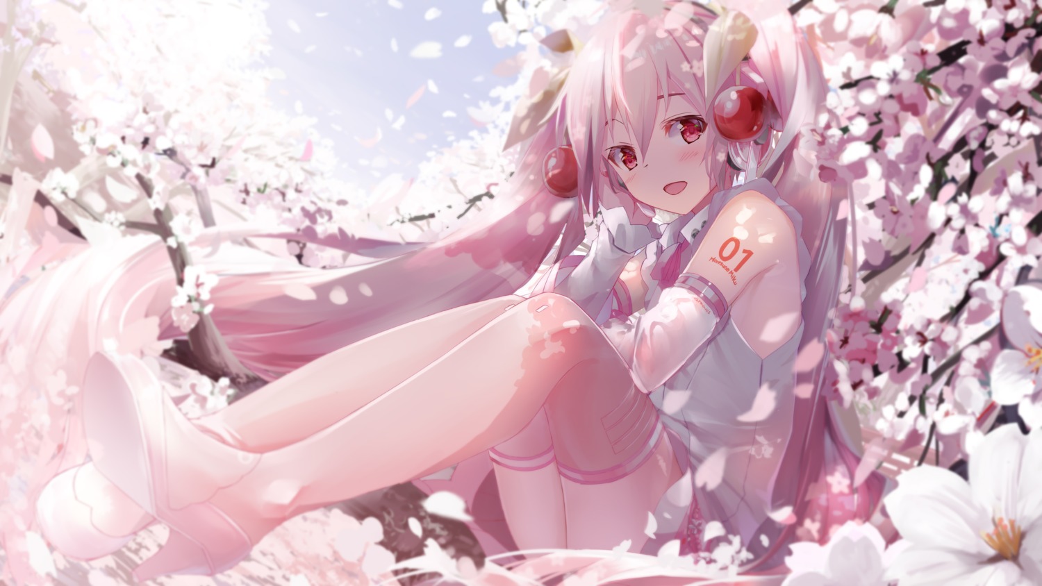 daidou_(demitasse) hatsune_miku headphones heels sakura_miku skirt_lift tattoo thighhighs vocaloid wallpaper