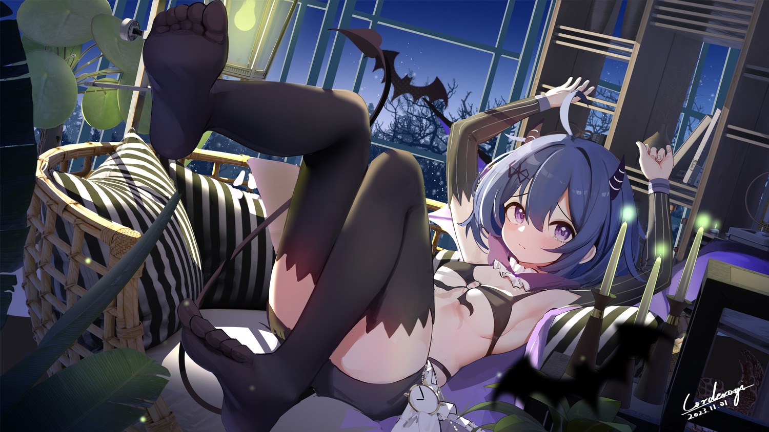 benghuai_xueyuan bra corderoy feet honkai_impact horns loli open_shirt seele_vollerei tail thighhighs wallpaper