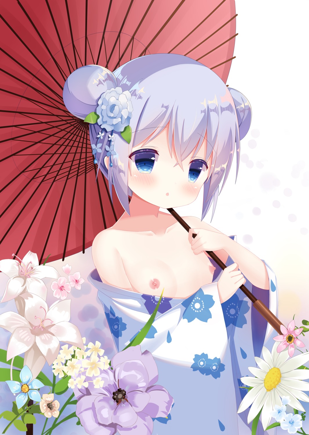 breasts fengshen_chino gochuumon_wa_usagi_desu_ka? kafuu_chino loli nipples no_bra open_shirt umbrella yukata