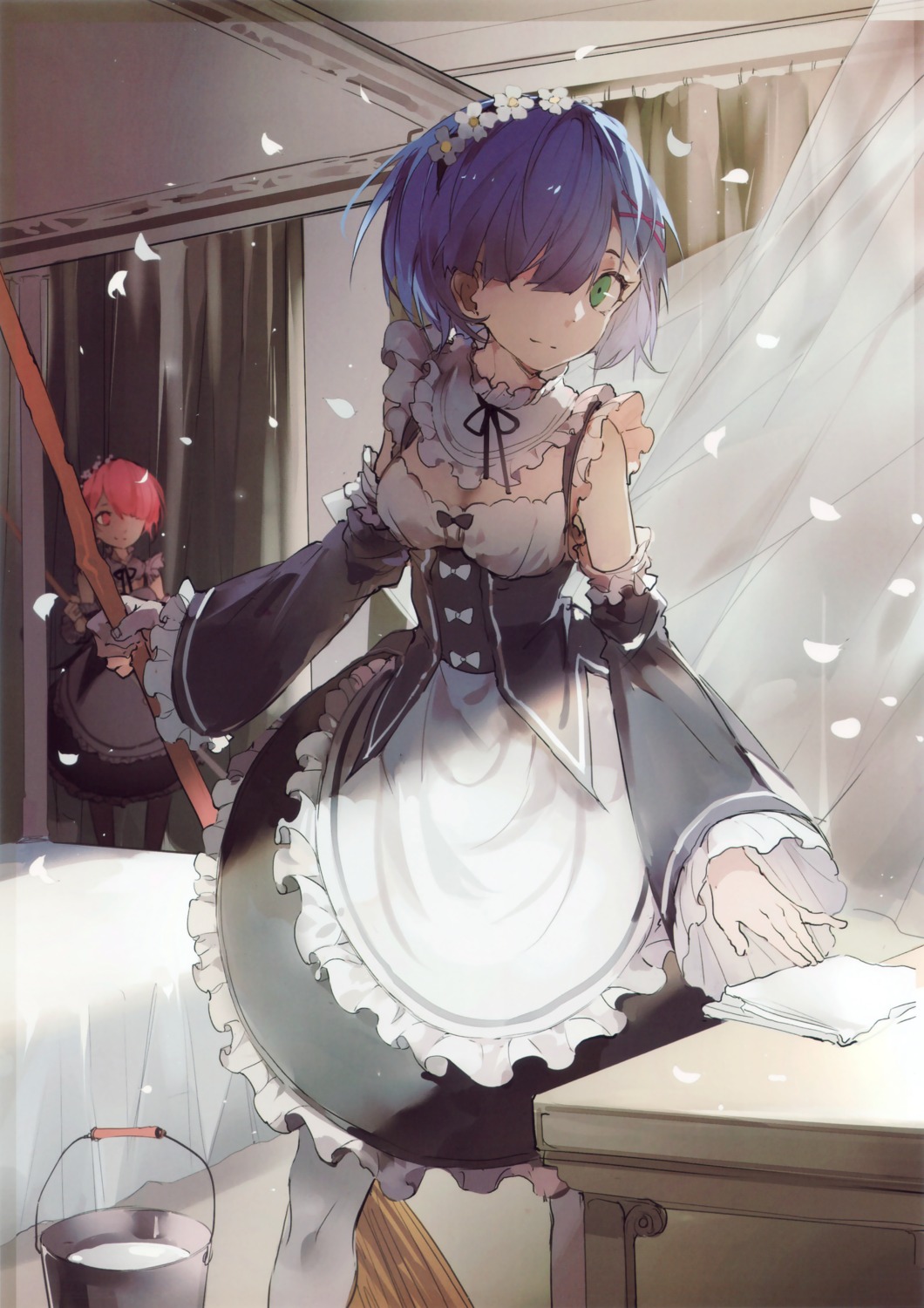 cleavage maid nine_(liuyuhao1992) ram_(re_zero) re_zero_kara_hajimeru_isekai_seikatsu rem_(re_zero)