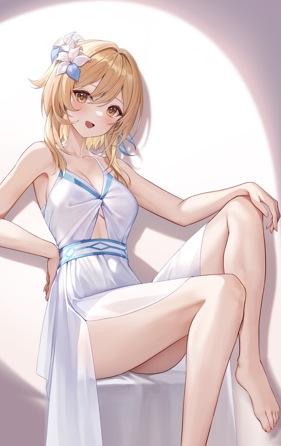 cleavage dress genshin_impact lumine lunacle no_bra see_through skirt_lift