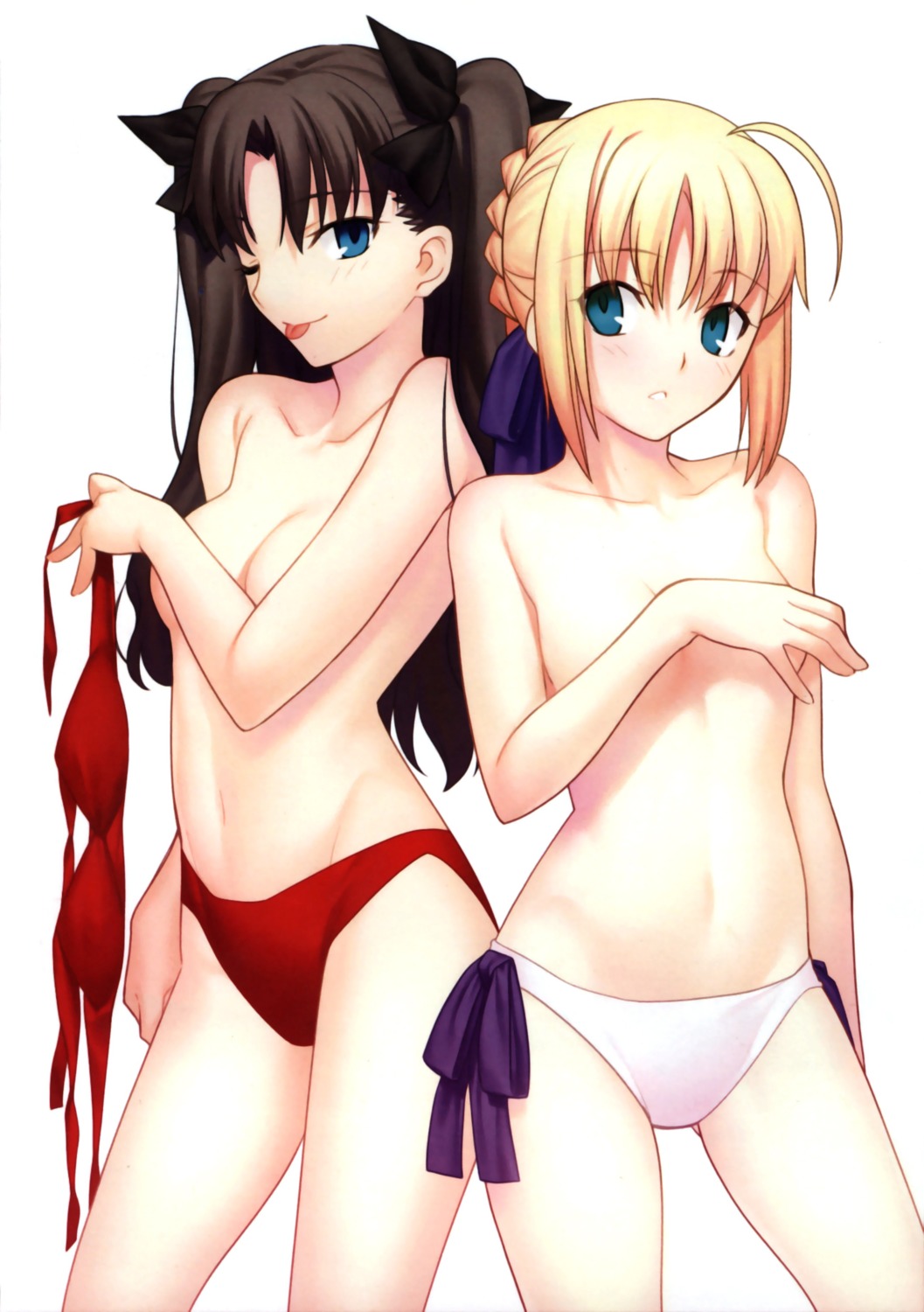 bikini breast_hold fate/stay_night saber swimsuits takeuchi_takashi toosaka_rin topless type-moon