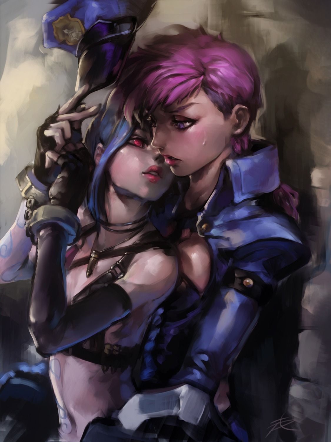 bikini_top bondage jinx league_of_legends phantom_ix_row police_uniform swimsuits tattoo vi_(league_of_legends)