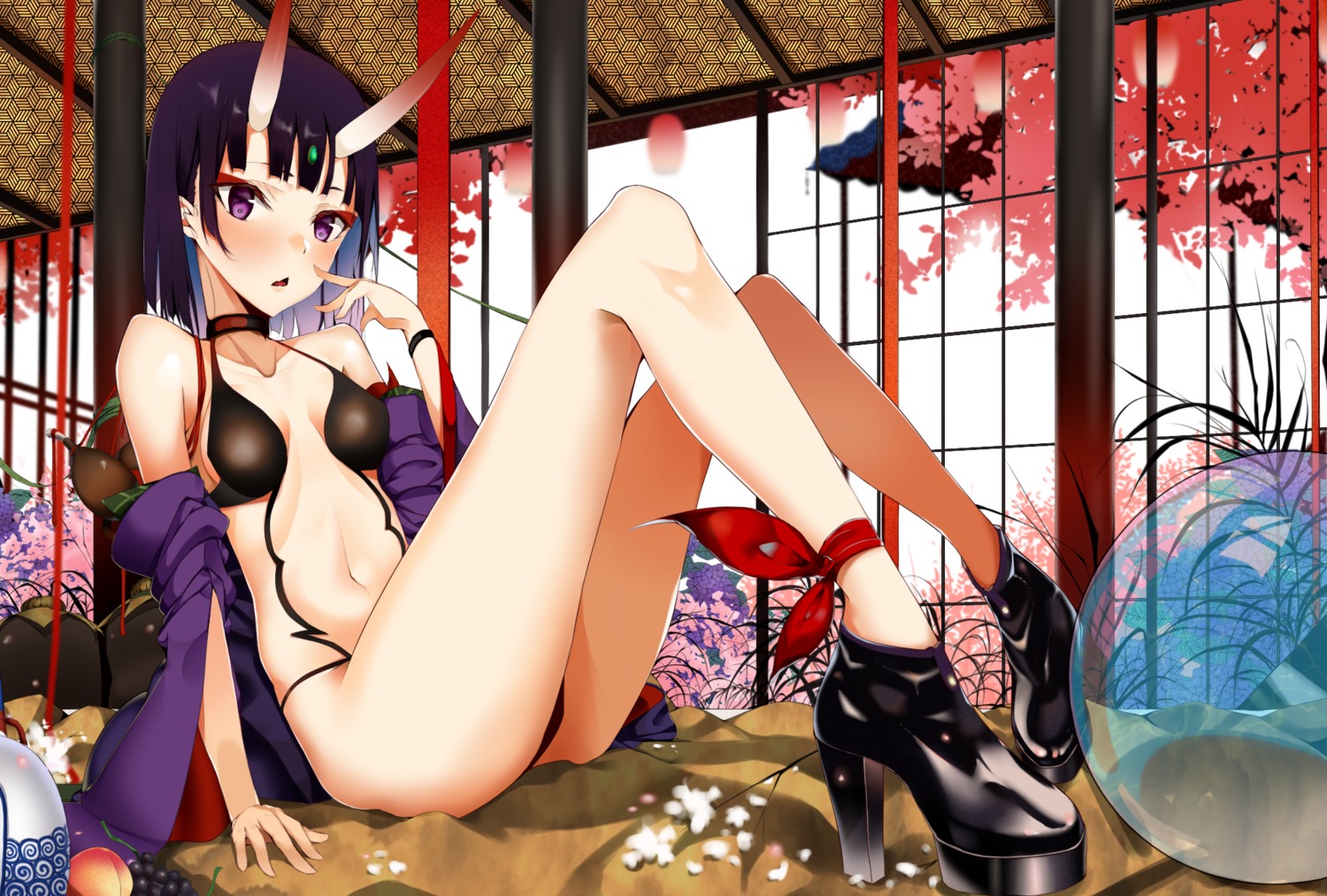 artist_revision cleavage fate/grand_order heels horns japanese_clothes no_bra nue0 open_shirt pantsu pointy_ears shuten_douji_(fate/grand_order) thong