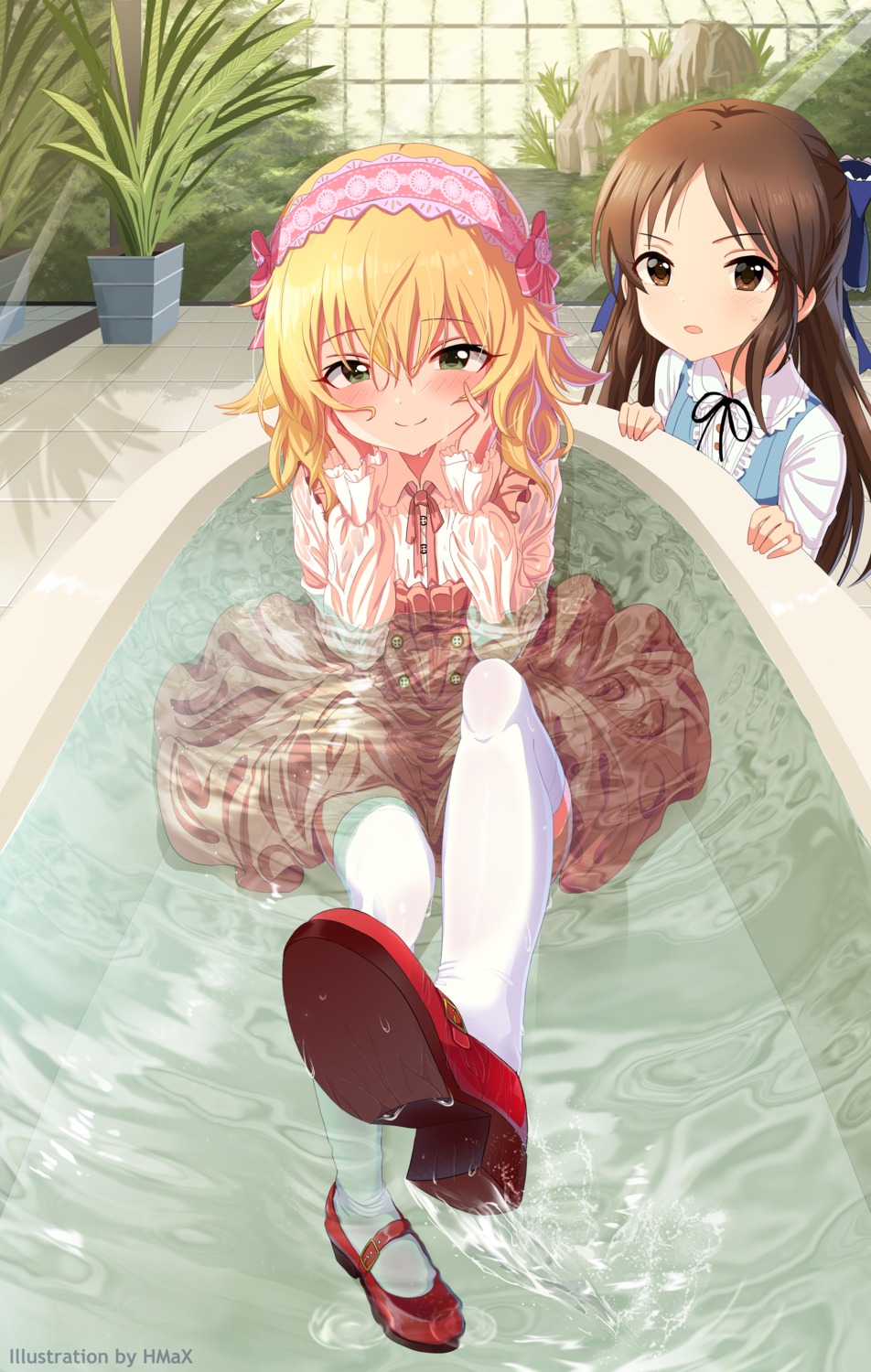 bathing dress heels hmax loli lolita_fashion sakurai_momoka_(idolm@ster) skirt_lift tachibana_arisu the_idolm@ster the_idolm@ster_cinderella_girls the_idolm@ster_cinderella_girls_u149 thighhighs wet