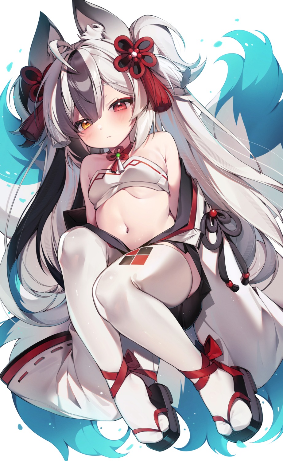 animal_ears heterochromia japanese_clothes kitsune loli no_bra sen_light tail thighhighs