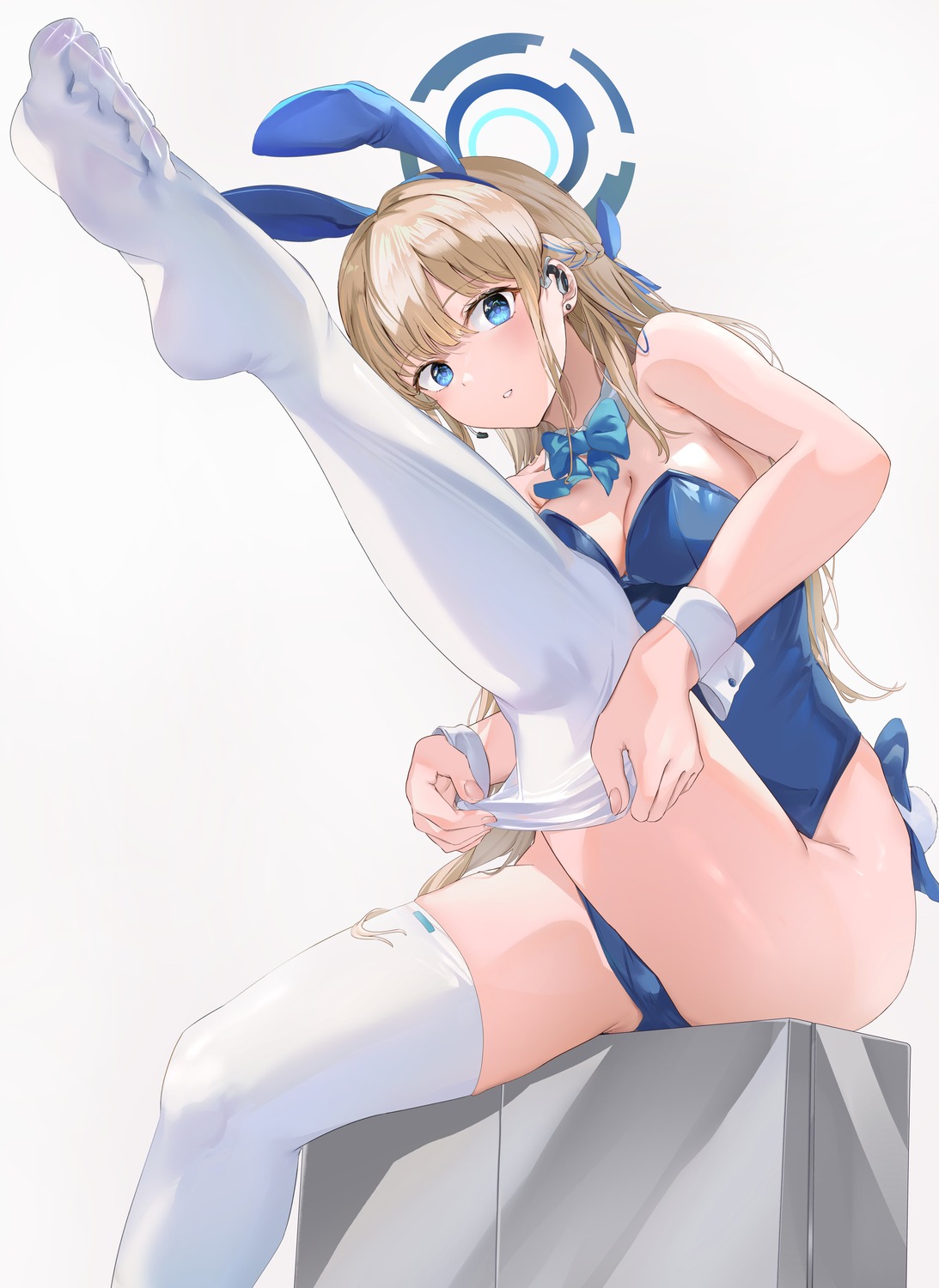 animal_ears asuma_toki blue_archive bunny_ears bunny_girl feet halo mosta_(lo1777789) no_bra tail thighhighs undressing