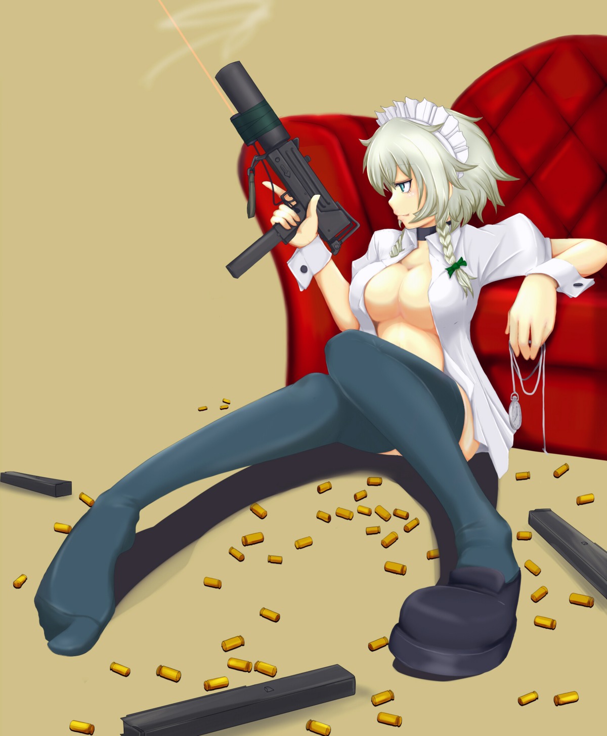 cleavage cube85 gun izayoi_sakuya no_bra open_shirt thighhighs touhou