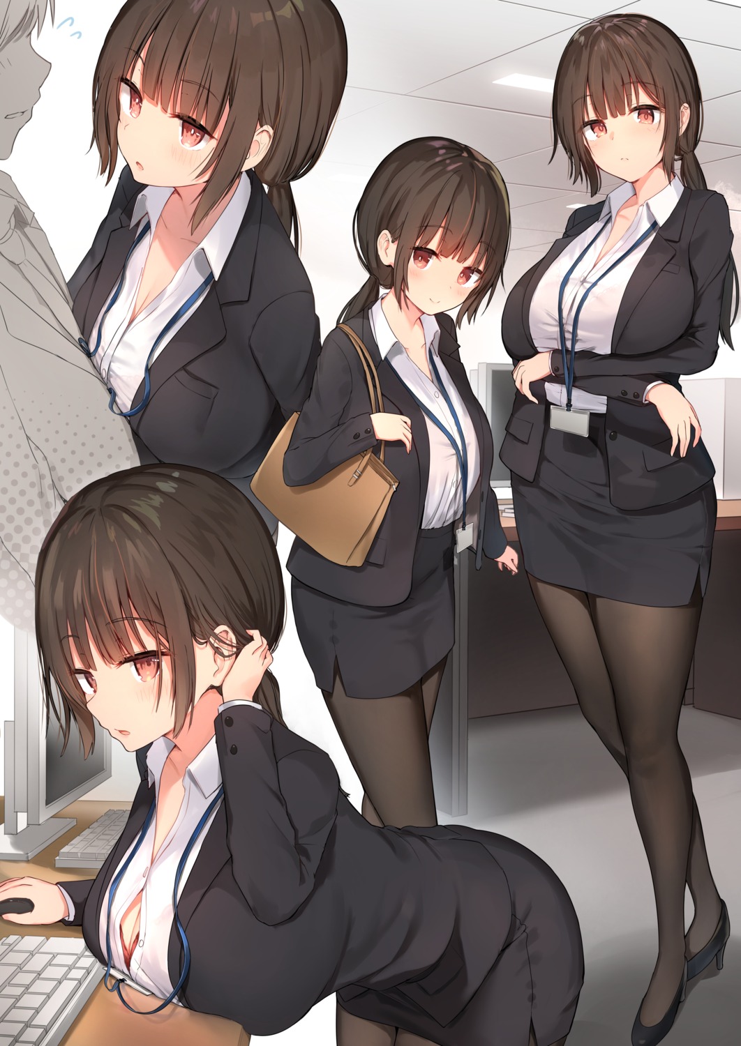 bra breast_hold business_suit cleavage heels pantyhose see_through sune_(mugendai)