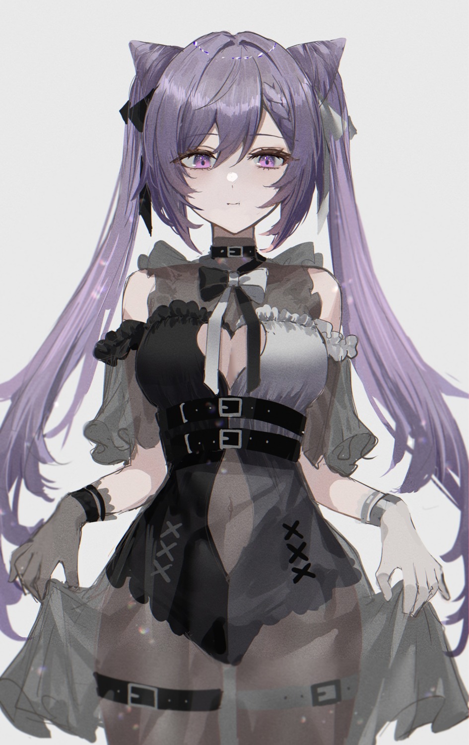 cleavage garter genshin_impact keqing leotard no_bra raiya_atelier see_through skirt_lift