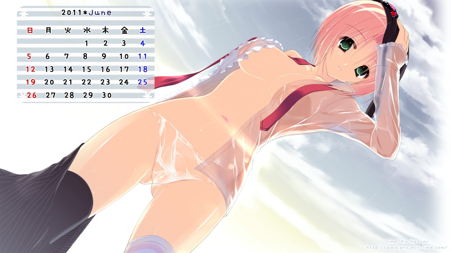 calendar hazumi_rio lime_(company) no_bra open_shirt pantsu petapeta see_through shiokawa_aya thighhighs wallpaper wet_clothes