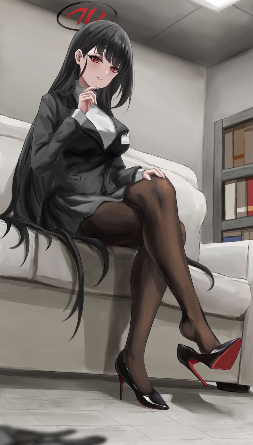 blue_archive business_suit halo heels pantyhose sweater tsukatsuki_rio yato_(yama0x1)