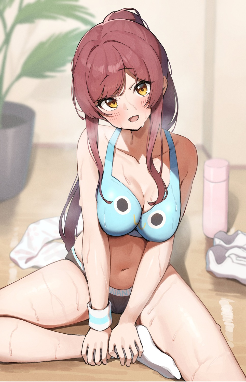 bra cleavage oosaki_amana pantsu the_idolm@ster the_idolm@ster_shiny_colors wanimaru wet