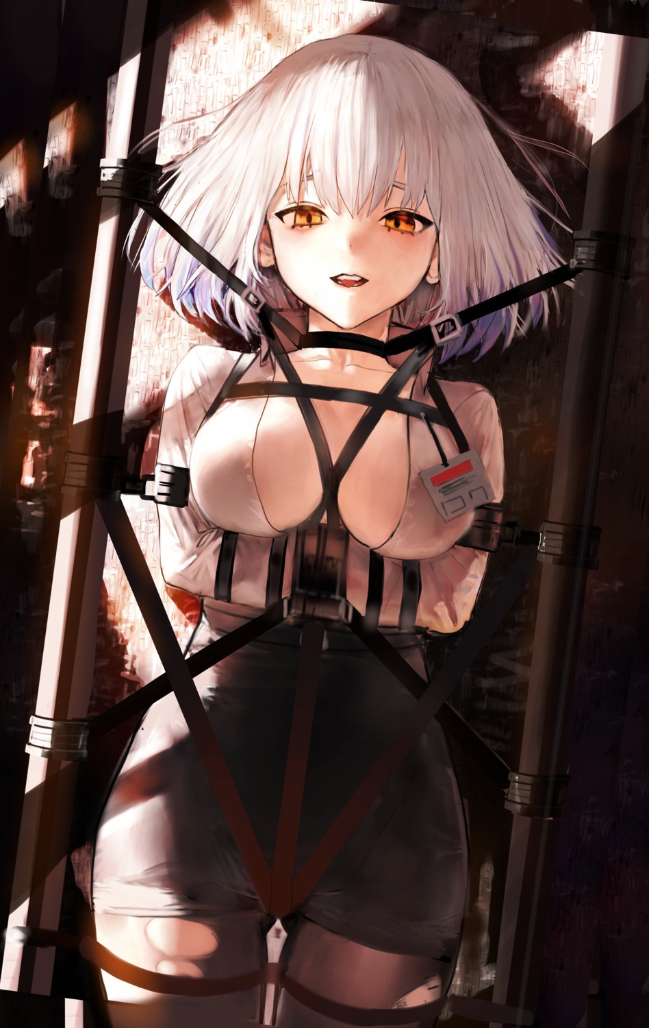 ah_(pixiv62888100) bondage girls_frontline morridow_(girls_frontline) no_bra open_shirt pantsu pantyhose see_through skirt_lift torn_clothes