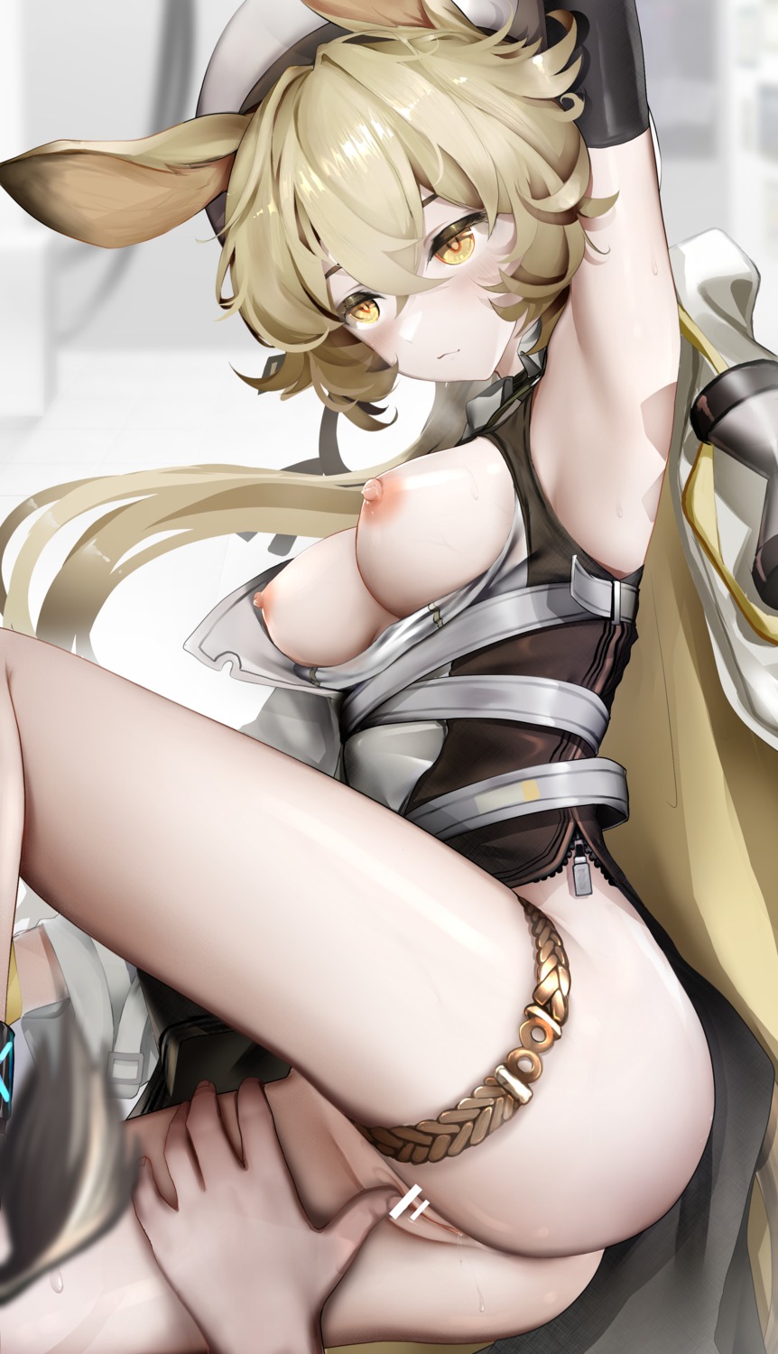 animal_ears arknights bottomless breasts censored dorothy_(arknights) epicnoob278 fingering garter nipples no_bra open_shirt pussy pussy_juice