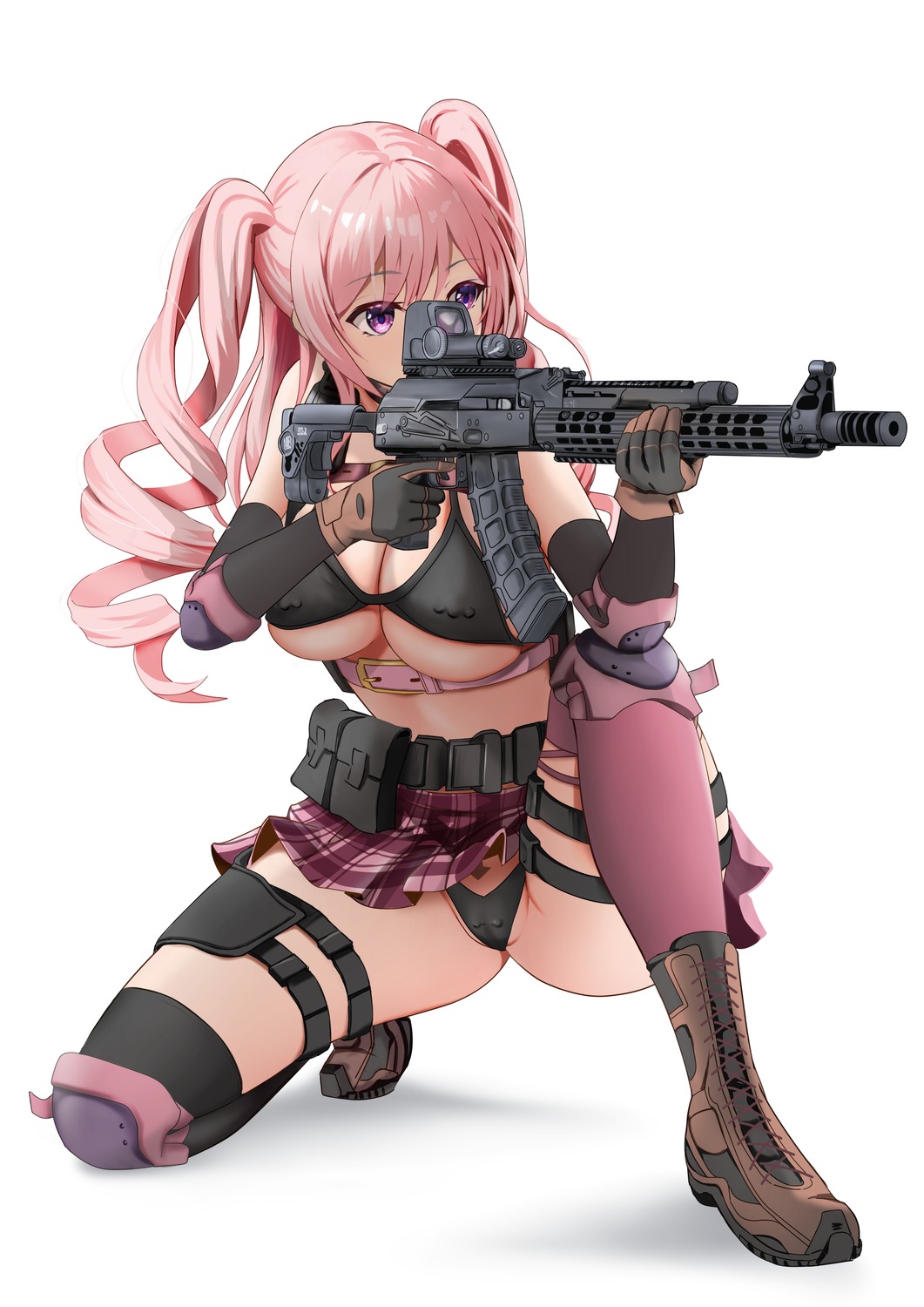 bra garter gibun_(sozoshu) gun pantsu skirt_lift thighhighs