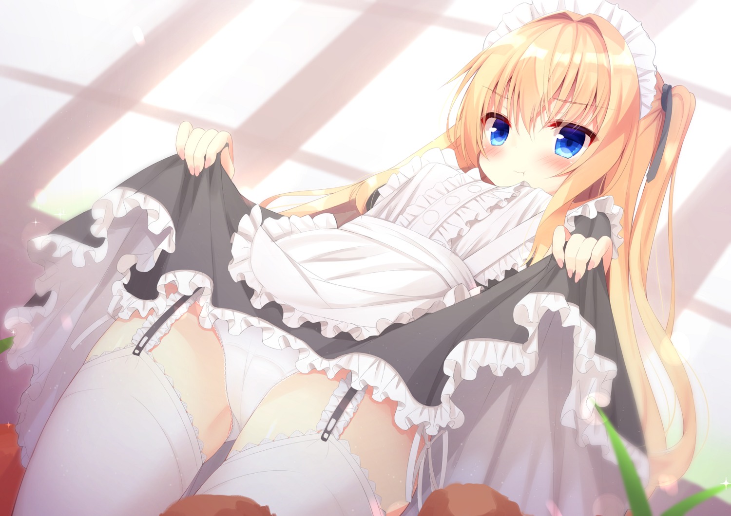 cameltoe hiragana_ababa maid pantsu skirt_lift stockings string_panties thighhighs undressing