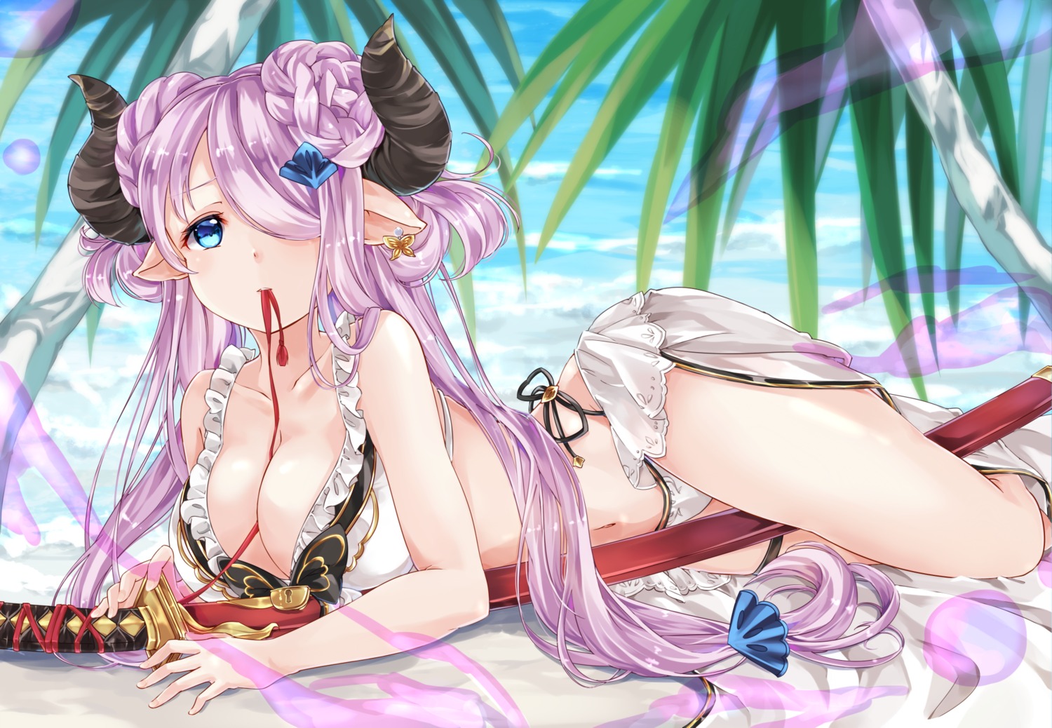 bikini cleavage fujikitsune granblue_fantasy horns narumeia_(granblue_fantasy) pointy_ears swimsuits sword