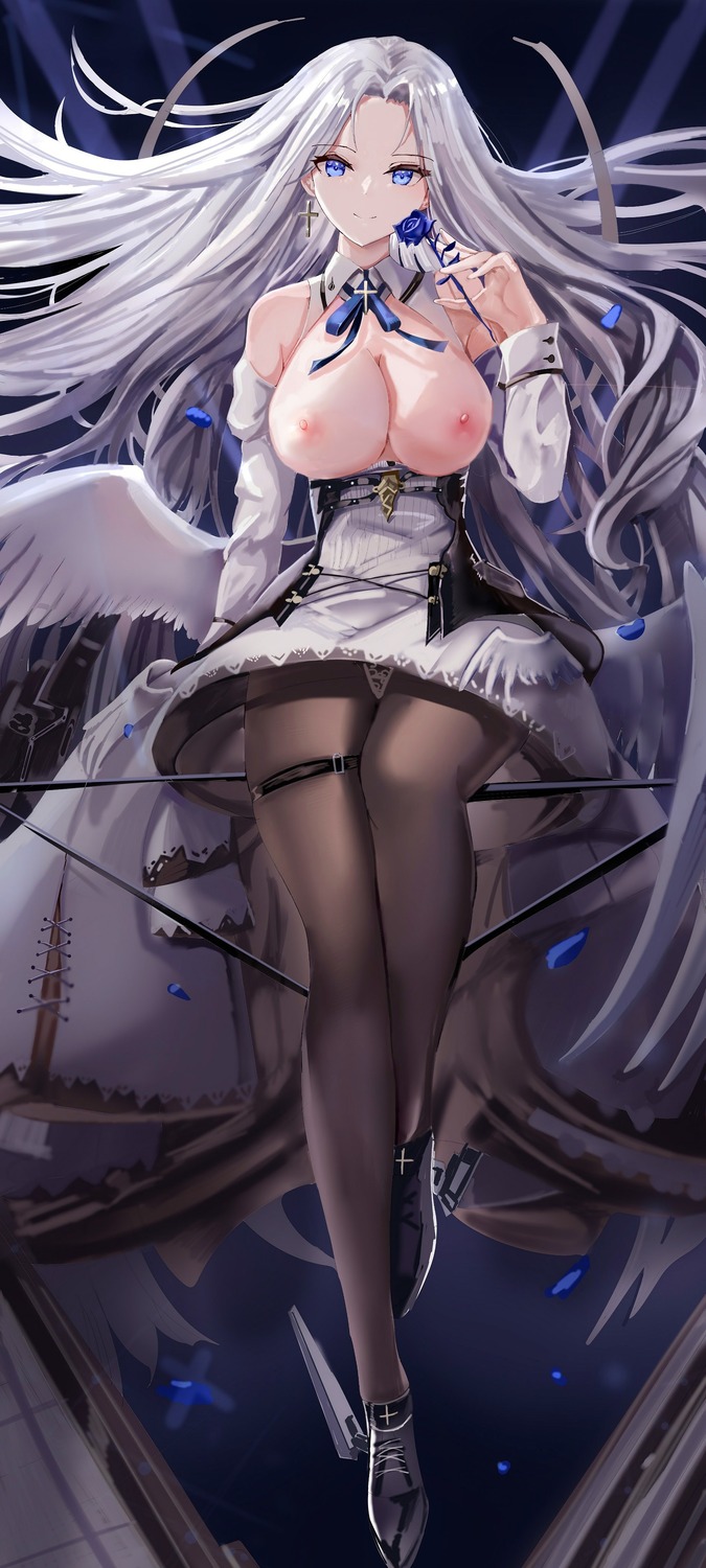 age_fx azur_lane breasts dress garter nipples no_bra pantsu pantyhose skirt_lift wings yorktown_(azur_lane)