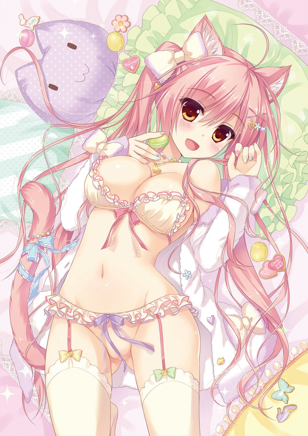 ameto_yuki animal_ears areola bottomless bra cleavage garter_belt macaron_(ameto_yuki) nekomimi open_shirt stockings tail thighhighs