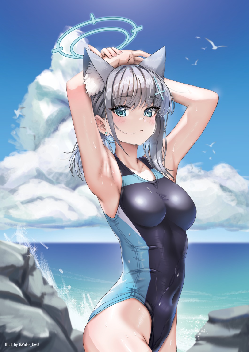 animal_ears blue_archive halo nekomimi sunaookami_shiroko swimsuits volar wet