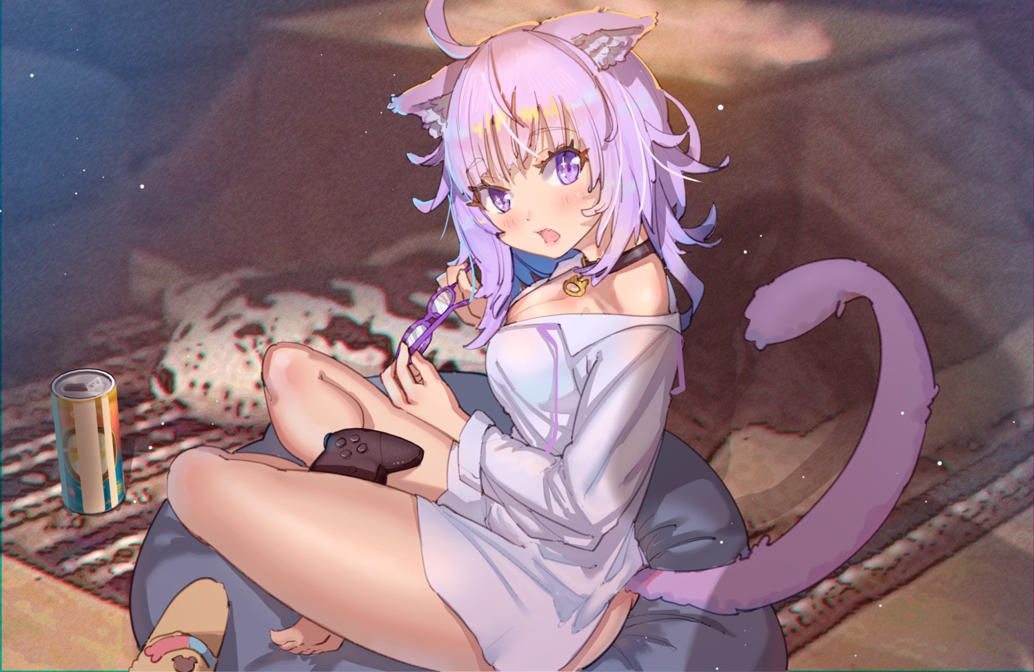 animal_ears bottomless cucumbear073 dress_shirt hololive hololive_gamers nekomata_okayu nekomimi no_bra open_shirt see_through tail