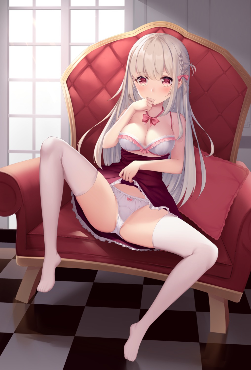 bra cleavage dress feet karin_(fineyanny) pantsu skirt_lift thighhighs