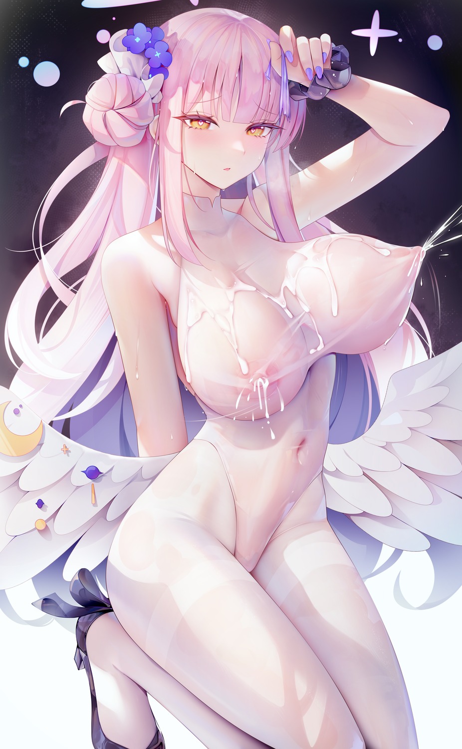 angel blue_archive cum heels lactation leotard misono_mika nipples pantyhose see_through wings zhixue