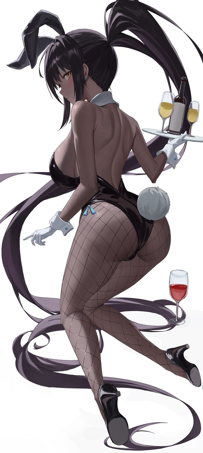 animal_ears ass black_c blue_archive bunny_ears bunny_girl fishnets heels kakudate_karin no_bra pantyhose tail waitress