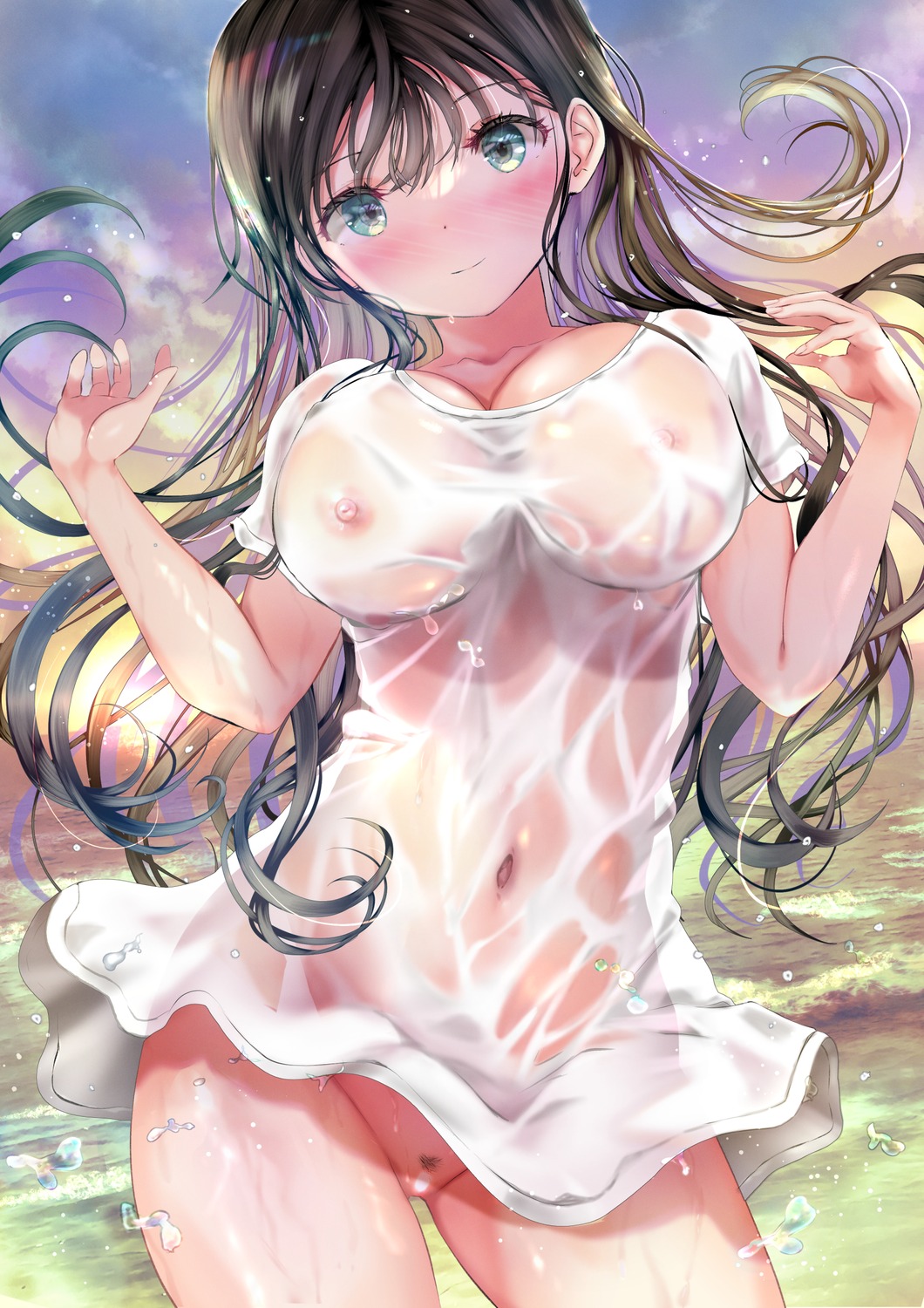 censored naked nipples ogata_tei pubic_hair see_through wet wet_clothes