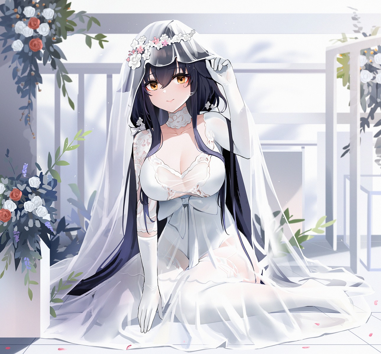 azuma_(azur_lane) azur_lane dress no_bra qing_wu see_through thighhighs wedding_dress