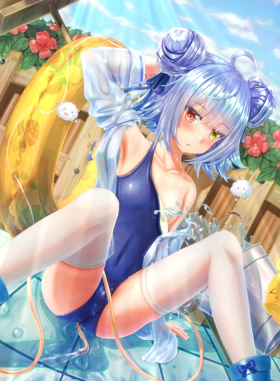 azur_lane breasts cameltoe censored heterochromia loli nicholas_(azur_lane) school_swimsuit see_through swimsuits tan_lines thighhighs wet wet_clothes zusshii_(libertasgenesis)