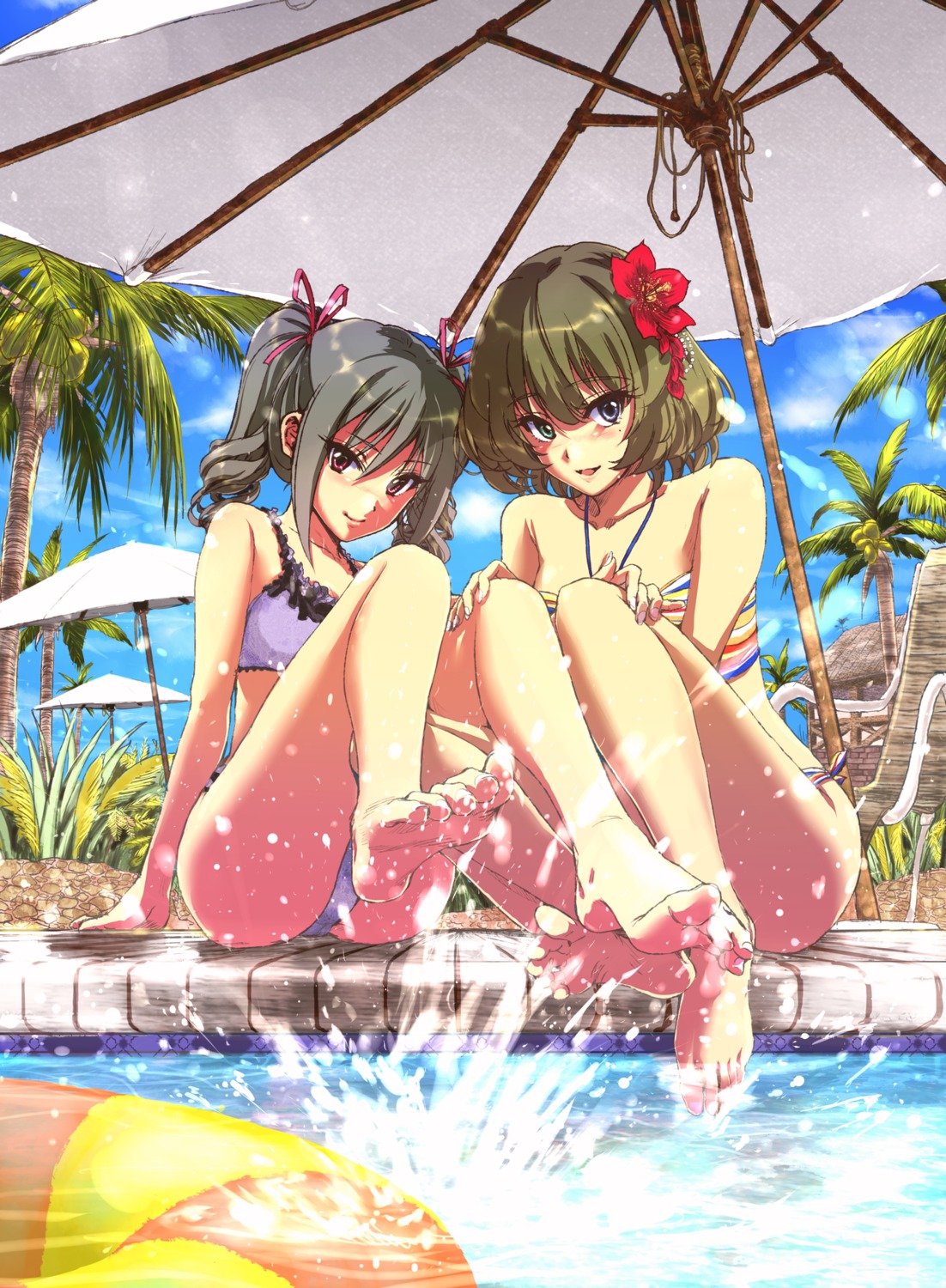 bikini feet haru_(primavera) heterochromia kanzaki_ranko swimsuits takagaki_kaede the_idolm@ster the_idolm@ster_cinderella_girls wet