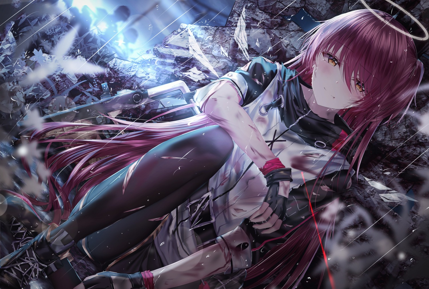 arknights blood exusiai_(arknights) junpaku_karen pantyhose torn_clothes