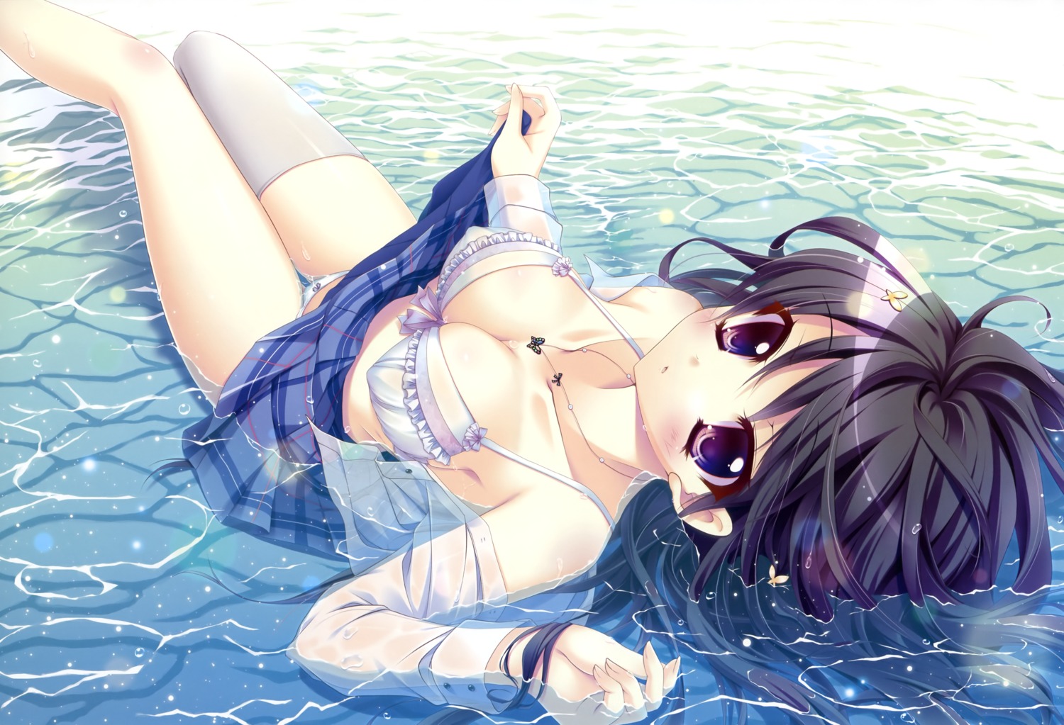 bra cleavage erect_nipples hisuitei izumi_tsubasu open_shirt pantsu see_through seifuku skirt_lift thighhighs wet wet_clothes