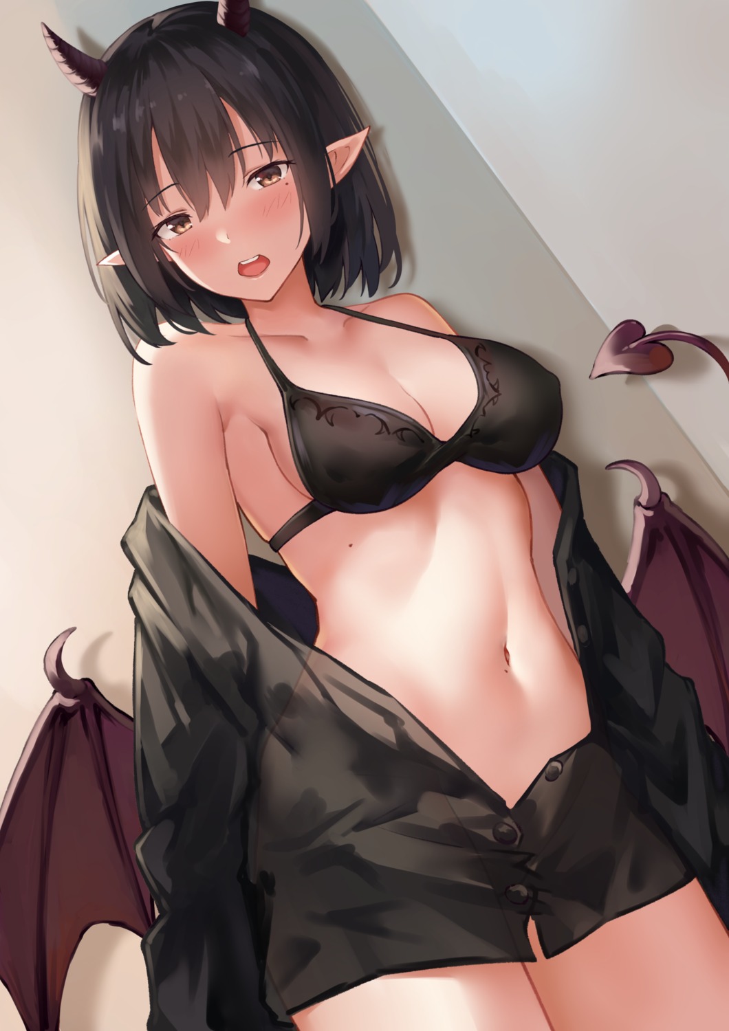 bra horns open_shirt pointy_ears suzuame_yatsumi tail wings